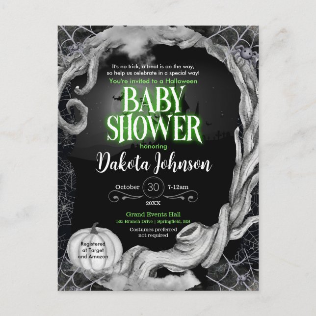 Invitation Baby shower d'Halloween vert et noir (Devant)