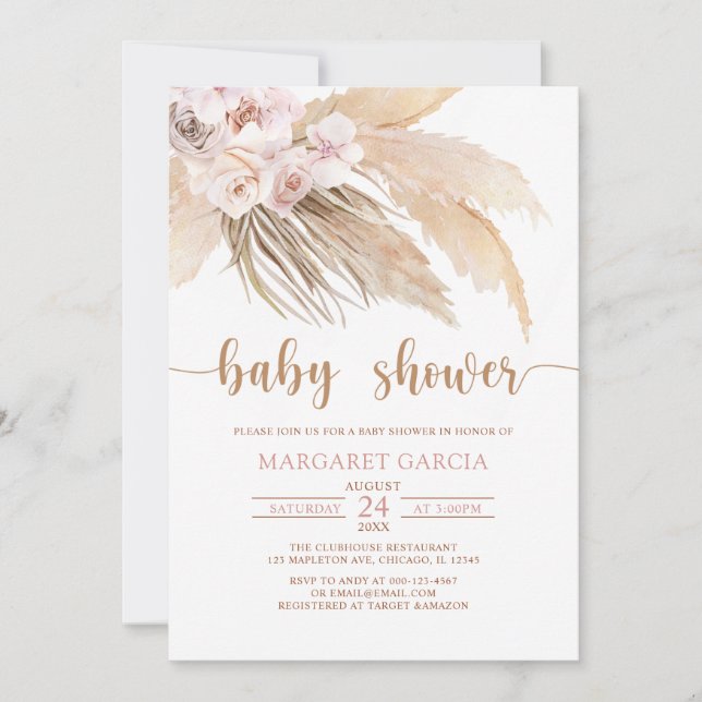 Invitation Baby shower d'herbe Bohemian Boho Pampas (Devant)