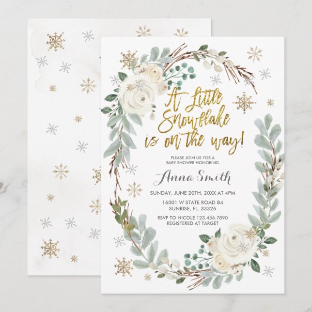 Invitation Baby shower d'hiver aux flocons de neige floraux b (Devant / Derrière)