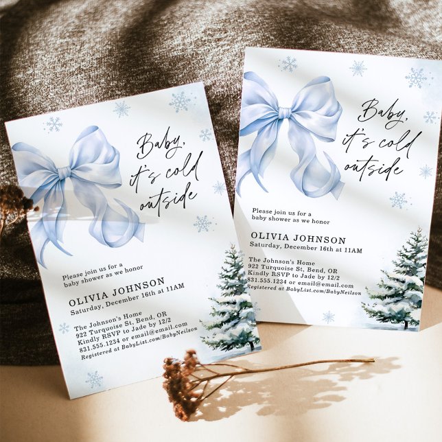 Invitation Baby shower d'hiver, Bleu Bow Il fait froid dehors (Créateur téléchargé)