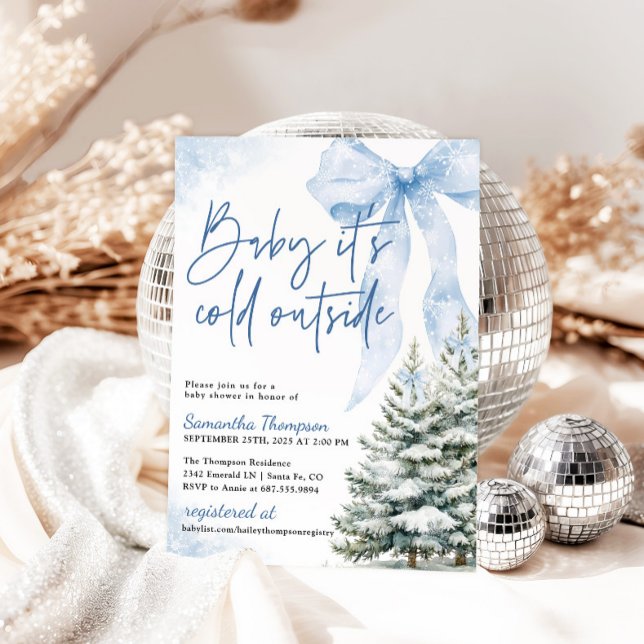Invitation Baby shower d'hiver Blue Bow Il fait froid dehors (Créateur téléchargé)