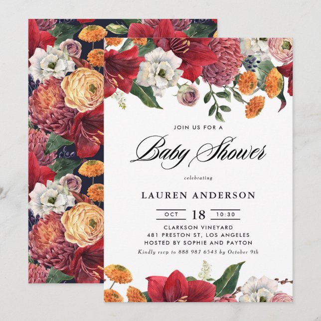 Invitation Baby shower d'hiver botanique Amaryllis et Mums (Devant / Derrière)