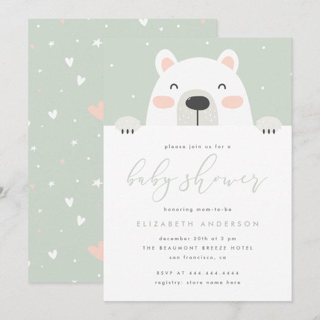 Invitation Baby shower d'hiver de dessin à l'ours polaire (Devant / Derrière)