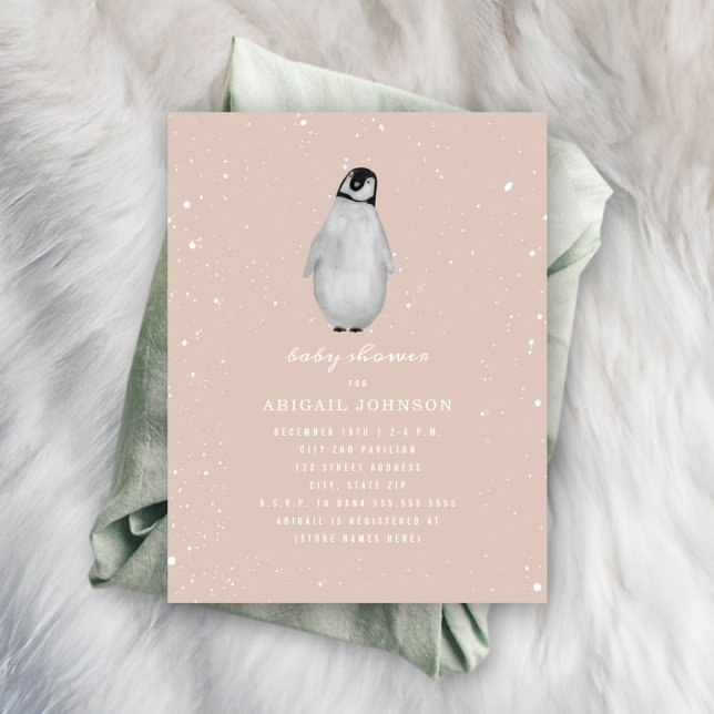 Invitation Baby shower d'hiver de la fille rose pingouin bébé (Créateur téléchargé)