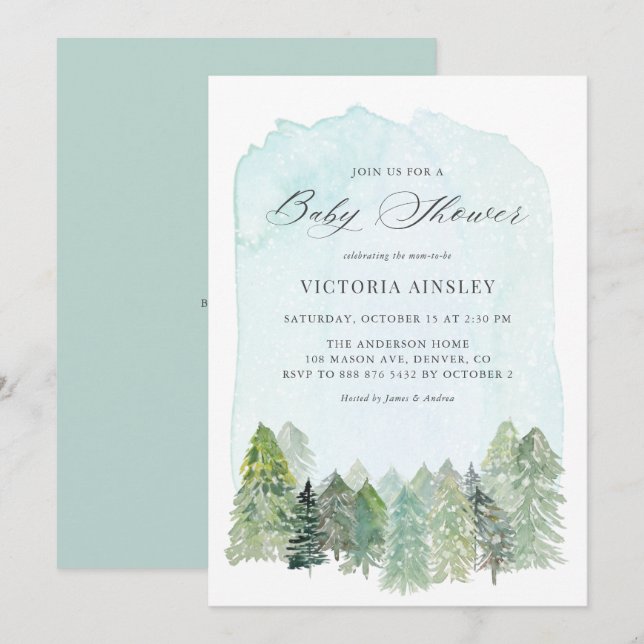 Invitation Baby shower d'hiver de la forêt de neige (Devant / Derrière)
