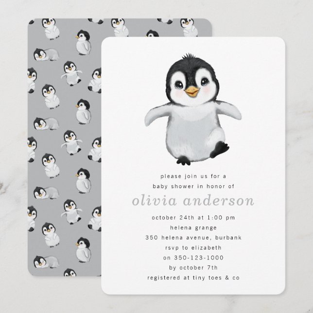 Invitation Baby shower d'hiver de pingouin gris simple (Devant / Derrière)