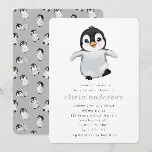 Invitation Baby shower d'hiver de pingouin gris simple
