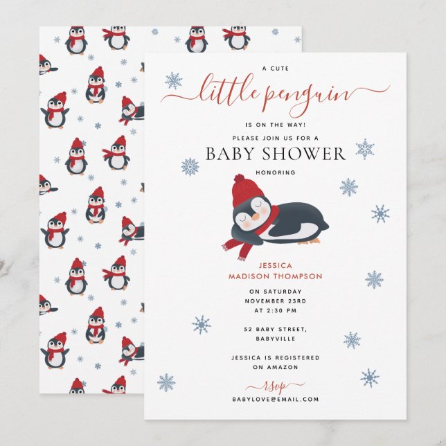 Invitation Baby shower d'hiver de Pingouins mignons (Devant / Derrière)