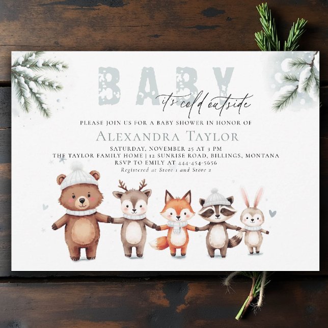 Invitation Baby shower d'hiver des animaux des bois à l'extér (winter baby shower invitation cold outside cute woodland animals watercolor snowing pine watercolor)
