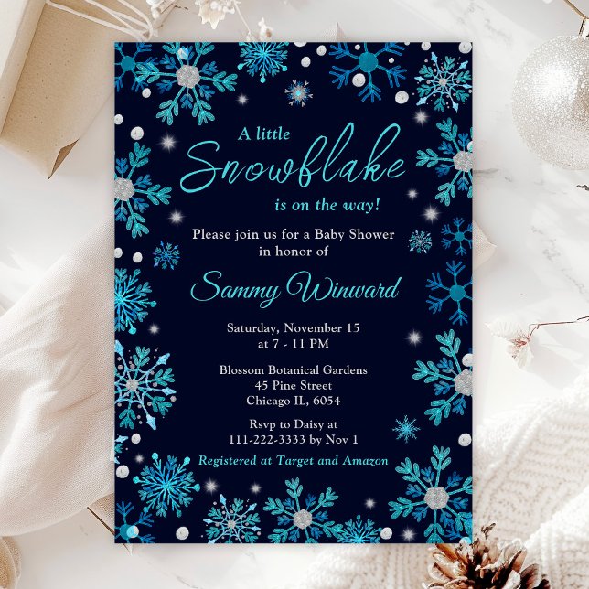 Invitation Baby shower d'hiver des flocons bleus et argentés (Créateur téléchargé)