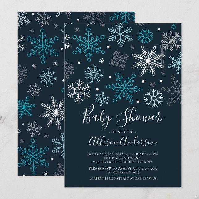 Invitation Baby shower d'hiver des flocons de neige modernes  (Devant / Derrière)