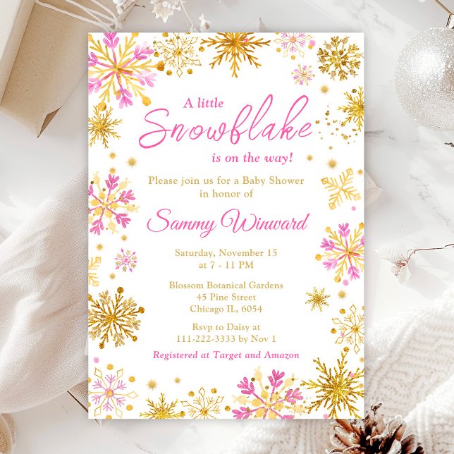 Invitation Baby shower d'hiver des flocons de neige roses et  (Créateur téléchargé)