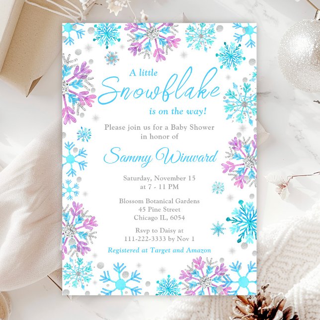 Invitation Baby shower d'hiver des flocons de neige violets e (Créateur téléchargé)