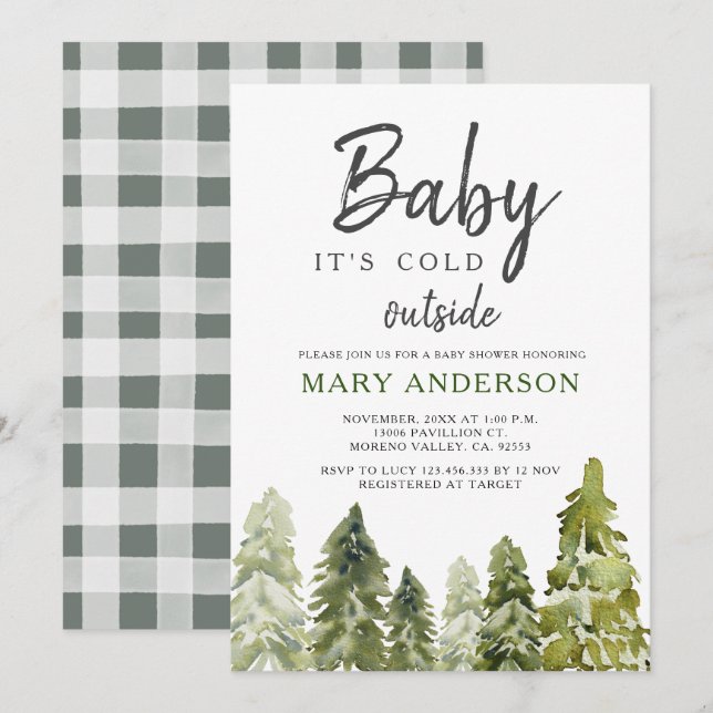 Invitation Baby shower d'hiver des pins (Devant / Derrière)