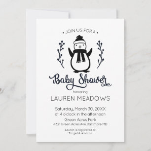 Invitation Baby shower d'hiver Doodle Penguin