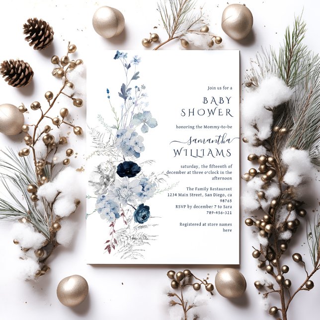 Invitation Baby shower d'hiver du Fleur sauvage bleu (Créateur téléchargé)