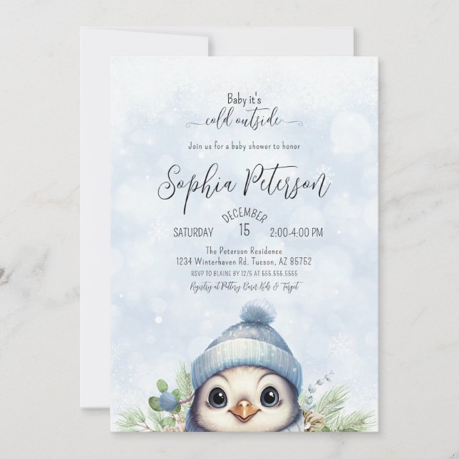 Invitation Baby shower d'hiver du garçon bleu pingouin mou (Devant)
