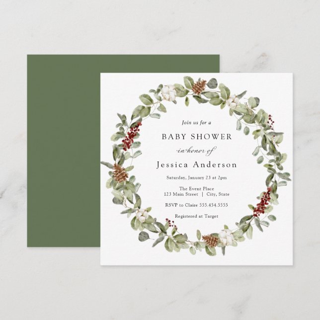 Invitation Baby shower d'hiver Eucalyptus (Devant / Derrière)