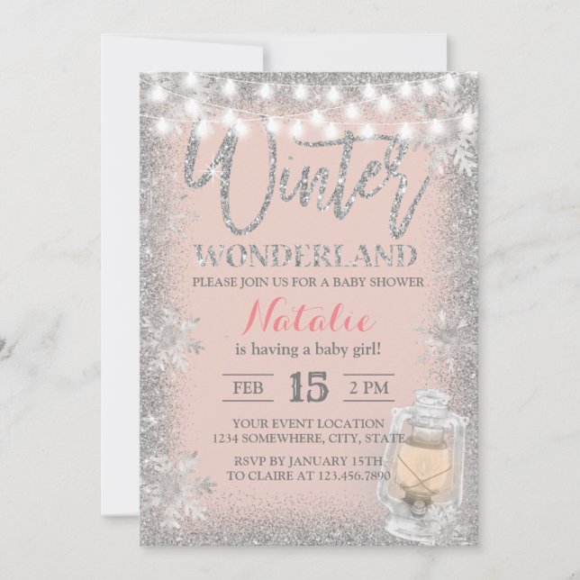 Invitation Baby shower d'hiver Flammes de neige Lanterne rose (Devant)