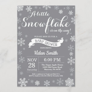 Invitation Baby shower d'hiver Flocon de neige blanc et gris