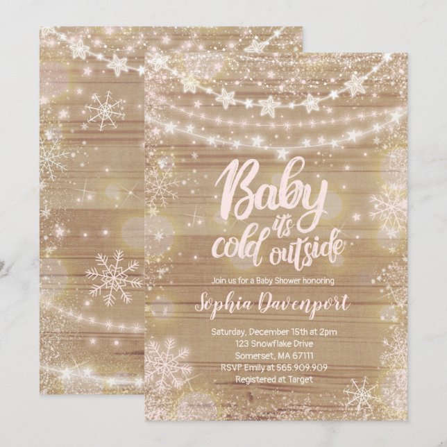 Invitation Baby shower d'hiver Flocon de neige ros (Devant / Derrière)