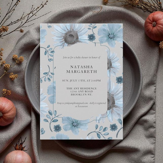 Invitation Baby shower d'hiver Floral Argent Bleu Élégant Boh (Créateur téléchargé)