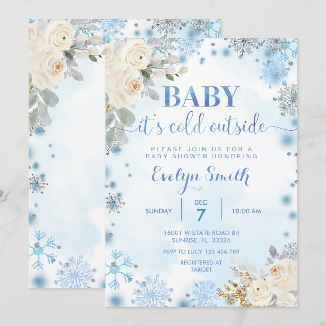 Invitation Baby shower d'hiver floral bleu et blanc Flocon de (Devant / Derrière)