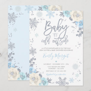 Invitation Baby shower d'hiver floral d'argent et bleu Snowfl
