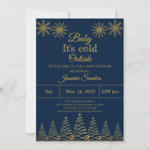 Invitation Baby shower d'hiver Gold et Navy Snowflake