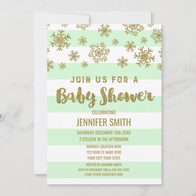 Invitation Baby shower d'hiver Mint Stripes Gold Snowflakes (Devant)