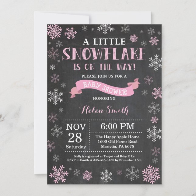 Invitation Baby shower d'hiver Pink Snowflake Chalkboard (Devant)