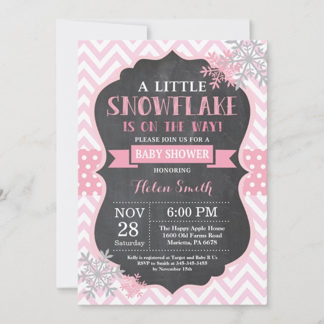 Invitation Baby shower d'hiver Pink Snowflake Chalkboard (Devant)
