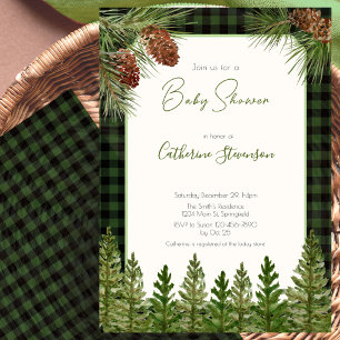 Invitation Baby Shower d'Hiver Plaid Bison Vert Rustique