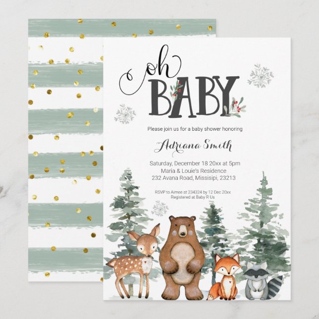 Invitation Baby shower d'hiver pour bébé bois (Devant / Derrière)