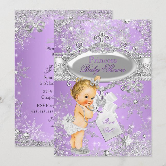 Invitation Baby shower d'hiver Princesse violette Blonde (Devant / Derrière)