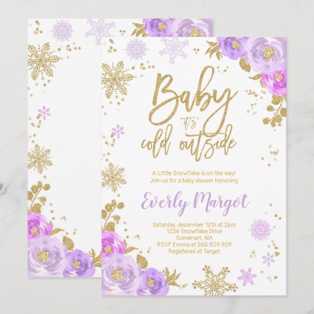 Invitation Baby shower D'Hiver Purple Et Gold (Devant / Derrière)