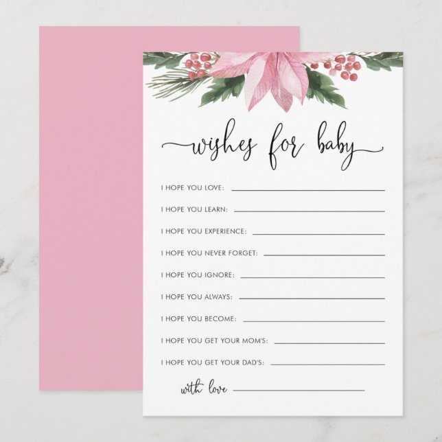 Invitation Baby shower d'hiver rose Poinsettia Bébés souhaits (Devant / Derrière)