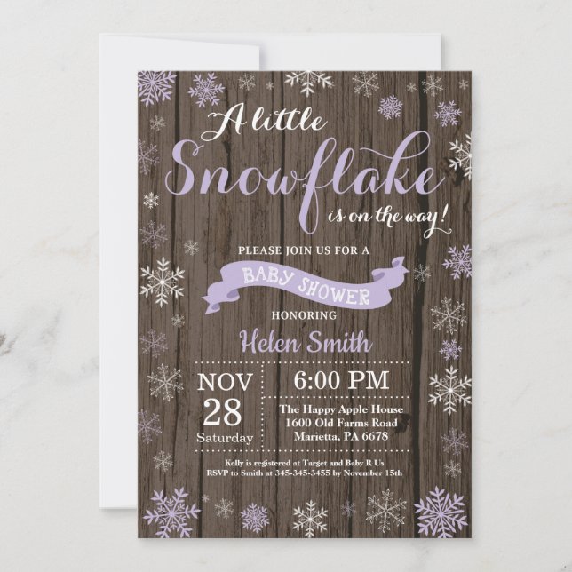 Invitation Baby shower d'hiver rustique Flocon blanc violet (Devant)