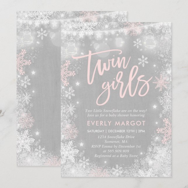 Invitation Baby shower d'hiver Twins Rustic Shower (Devant / Derrière)