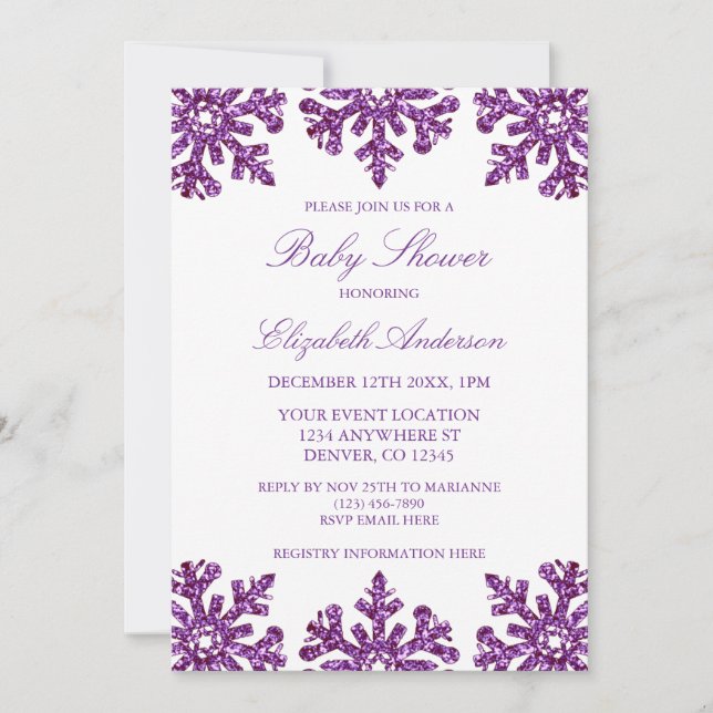 Invitation Baby shower d'hiver violet de flocon de neige (Devant)