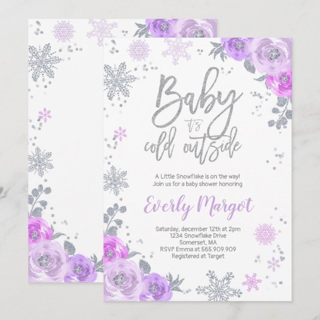 Invitation Baby shower D'Hiver Violet Et Argent (Devant / Derrière)