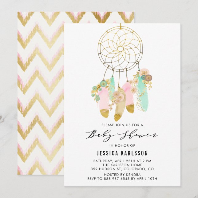 Invitation Baby shower d'huile d'or Pastel Dreamcatcher Faux (Devant / Derrière)