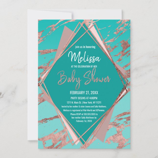 Invitation Baby shower diamant en marbre vert Turquoise or ro (Devant)
