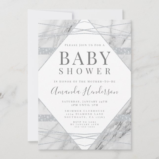 Invitation Baby shower diamant et marbre (Devant)