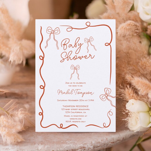 Invitation Baby shower d'illustrations en ruban d'arcs orange (Orange bows ribbon illustrations Baby shower Invitation)