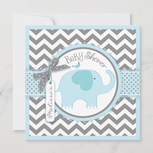 Invitation Baby shower d'impression Blue Elephant et Chevron (Devant)