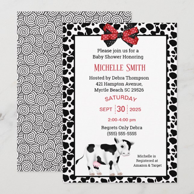 Invitation Baby shower d'impression de vaches mign (Devant / Derrière)
