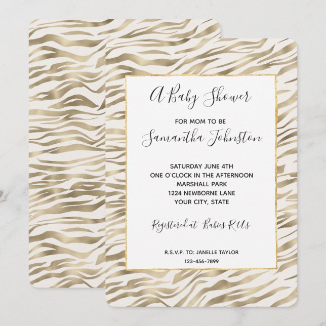 Invitation Baby shower d'impression Gold Zebra (Devant / Derrière)