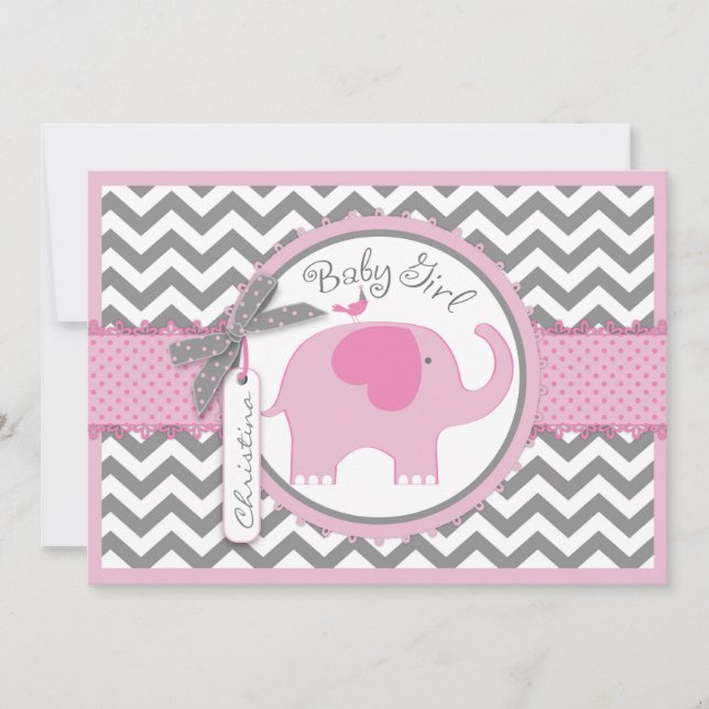 Invitation Baby shower d'impression Pink Elephant Bird et Che (Devant)