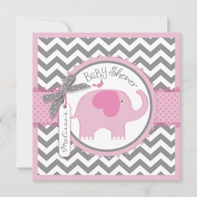 Invitation Baby shower d'impression Pink Elephant et Chevron (Devant)